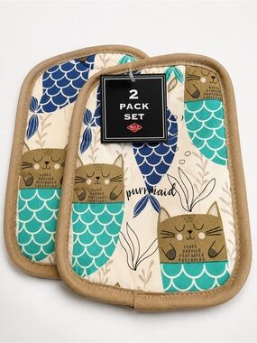 RITZ Purrmaid Cat Mermaid Pot Holder Set 2 Pack Quilted Kitchen Hot Pads NWT